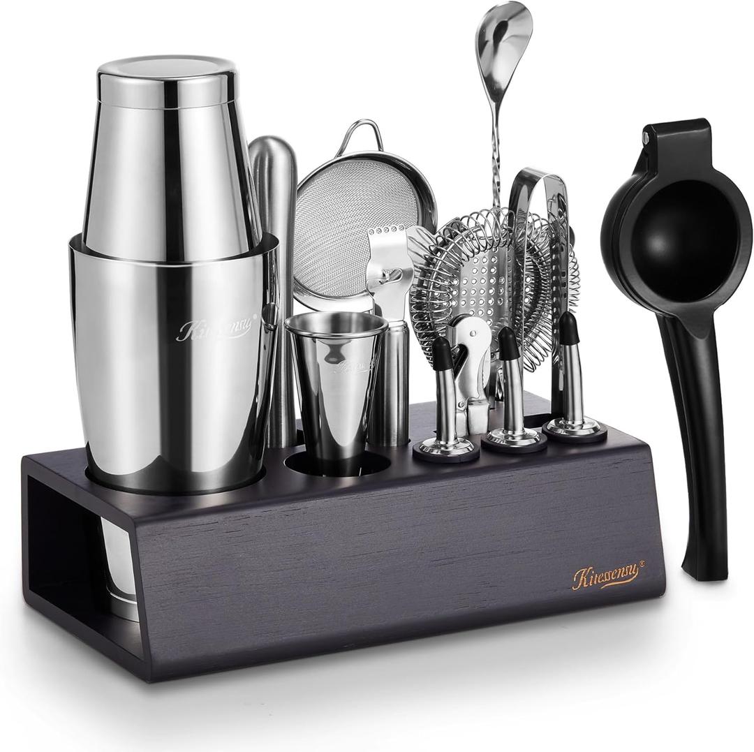 KITESSENSU Boston Shaker Set Mixology Bartender Kit | Premium Cocktail Shaker Kit with Stand Professional Home Bar Tools Accessories: Martini Shaker, Citrus Tools, Fine Mesh Strainers, Muddler, Jigger
