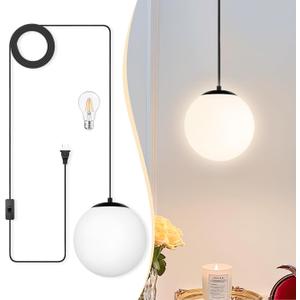 KoKo&Yukina 8" Globe Pendant Light Black Plug in Pendant Light Adjustable Hanging Lights with Plug in Cord Matte Black Finished with Milk Glass Lampshade for Bedroom Kitchen IslandBulb Included