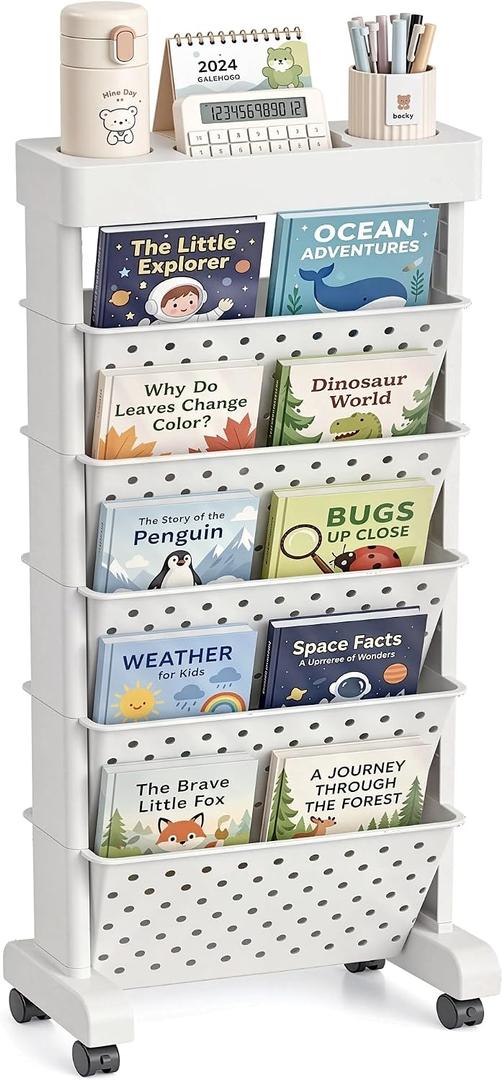 BYFU 6-Tier Movable Bookshelf Cart, Rolling File Paper Storage Organizer Mobile Bookcase with Wheels for Home Office Study Classroom, White