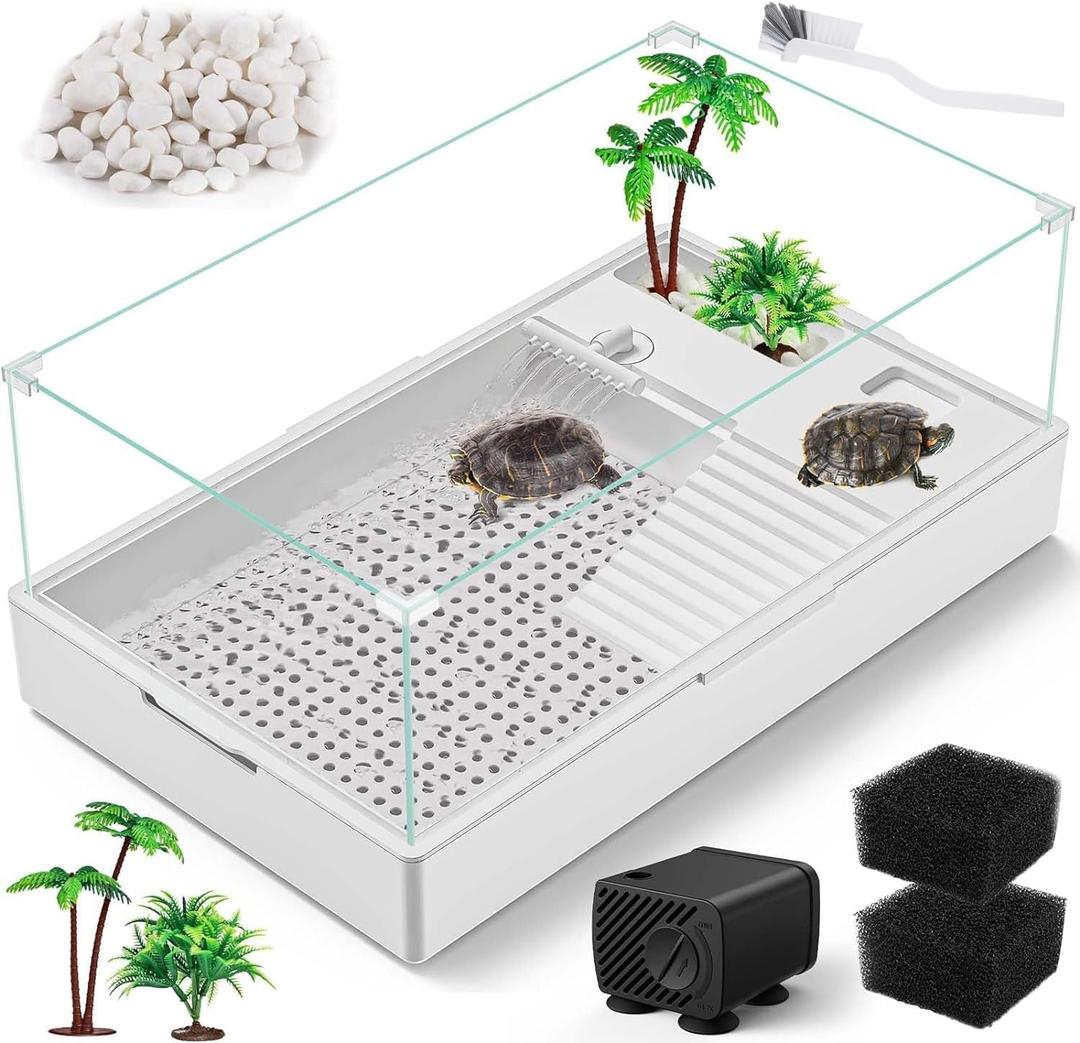 Large Turtle Tank (Tank + Water Pump), Acrylic Turtle Tank Starter Kit with Upgrade Rain Shower Head, Adjustable 5W Water Pump, Higher Fences and Multi-Function Areas. (L)