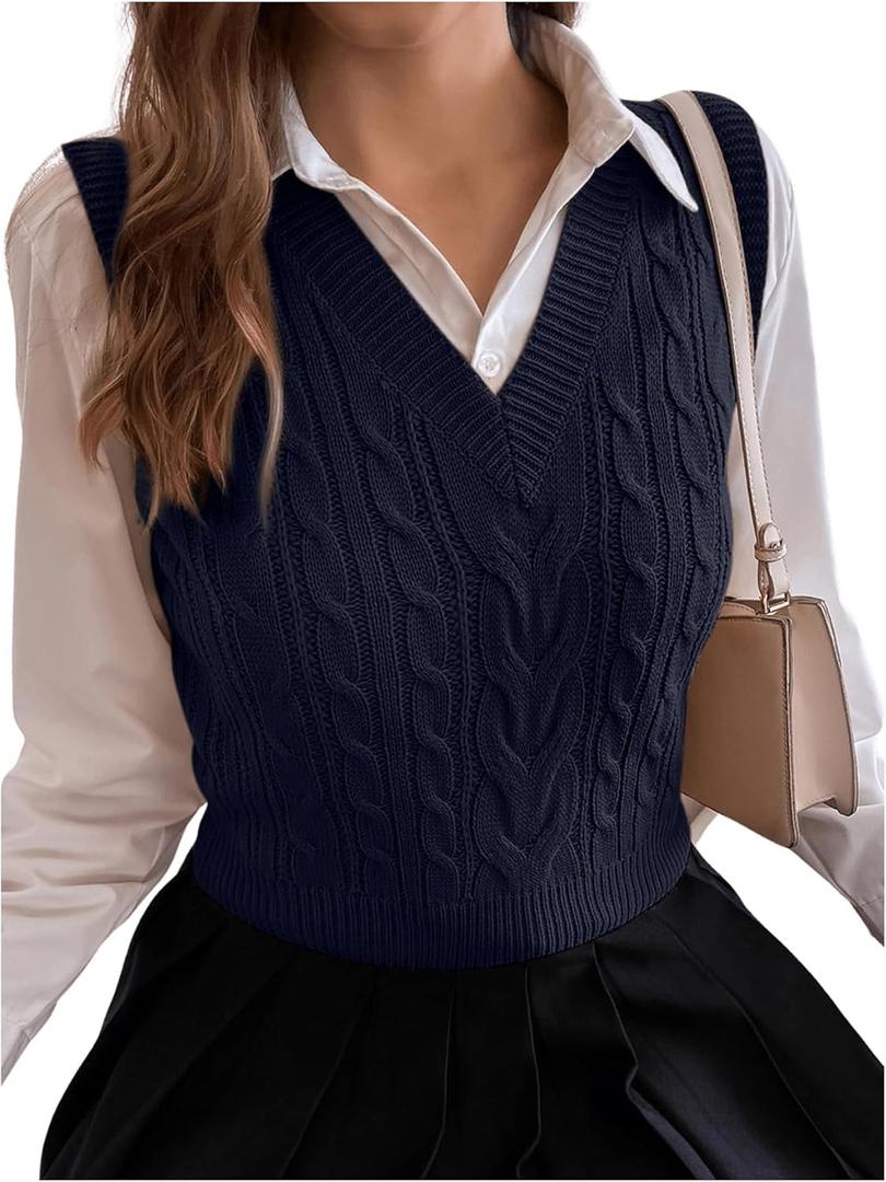 Milumia Women's Cable Knit V Neck Sweater Vest Sleeveless Ribbed Crop Tank Top (Medium, Deep Blue)