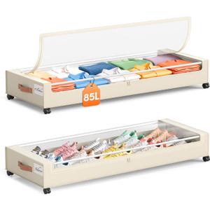 Yecaye Under Bed Storage with Wheels 2 Pack, 85L Extra Large Under Bed Storage Containers with Metal Frame & Clear Lid, Rolling Underbed Organizer Bins Drawers for Clothes, Shoes, Blankets, Beige