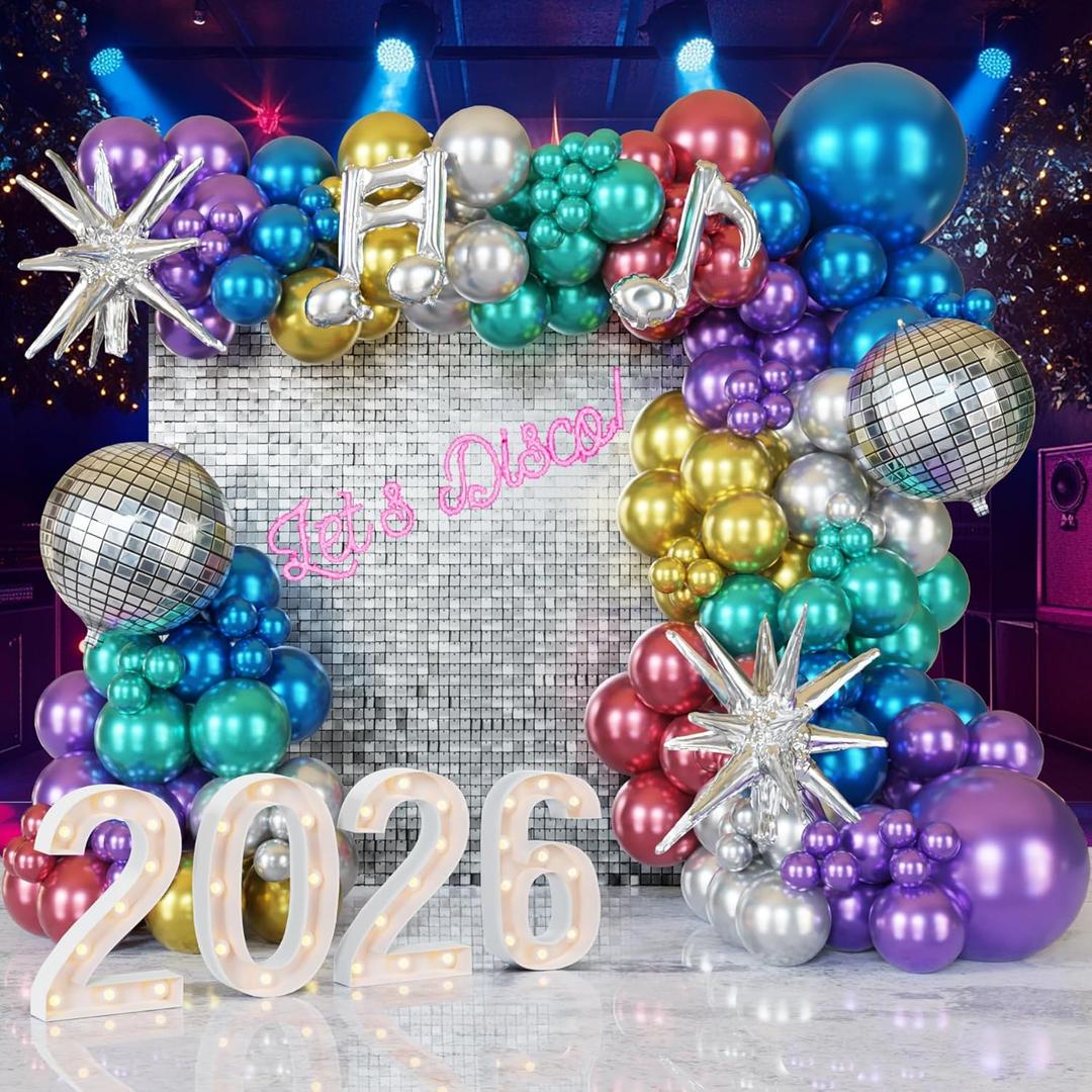 ECEAE Metallic Balloon Garland Kit Disco Ball Colorful 80s 90s Retro Dance Party Chrome Decor 131Pcs in Silver, Green, Blue, Gold, PurpleRed for Sing Boogie Karaoke 2026 New Year NYE Decoration
