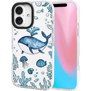 ChiCsFleur for iPhone 16 Case, TPU Phone case with Camera Protection for Women Girls Teens - Blue Whale Jellyfish Coral Fish Kawaii Design Artsy Cartoon Gift Ocean Sorority Aesthetic Unique