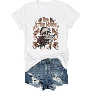 Skeleton Shirt Women Halloween Skeleton T-Shirt Skull Graphic Tees Casual Fall Short Sleeve Funny Casual Athletic Tops (White, S)