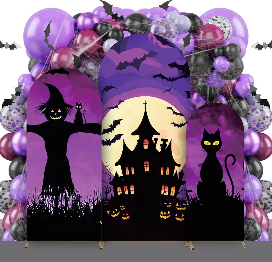 3 Pcs Halloween Arch Cover 4ft, 5ft, 6ft Arch Covers Stretchy Backdrop Skeleton Ghost Bat Horror Style Backdrop Cover for Halloween Party Photo Background Arch Stand Stretchy Decoration