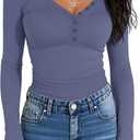 Prettywear Women Long Sleeve Henley Shirts V Neck Button Tight Slim Fitted Top Going Out Tees 2025 Trendy Spring Fall (Large, Grey Blue)