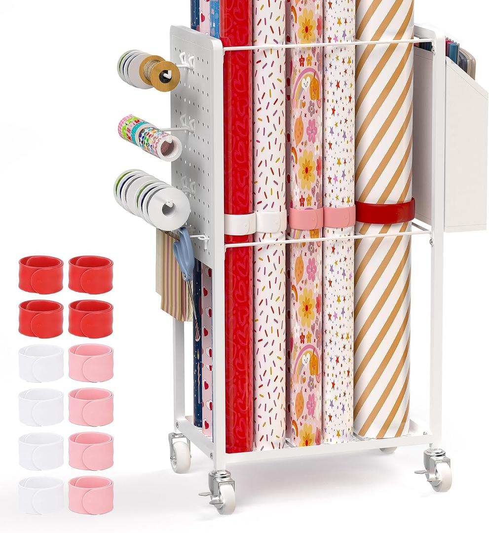 Wrapping Paper Organizer Cart with 12PCS Slap Bands, Rolling Gift Wrapping Organizer Storage Wrapping Paper Station Ribbon Holder, Blueprint Poster Holder, Craft Organizers and Storage