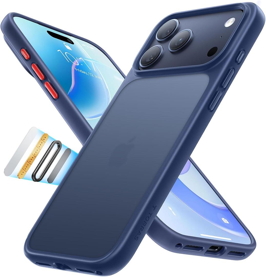 TORRAS Shockproof for iPhone 17 Pro Max Case with Camera Control Button, [12FT Military Grade Drop Protection] Enhanced Grip & Soft Touch Translucent Slim 17 Pro Max Case with 3 DIY Buttons, Deep Blue