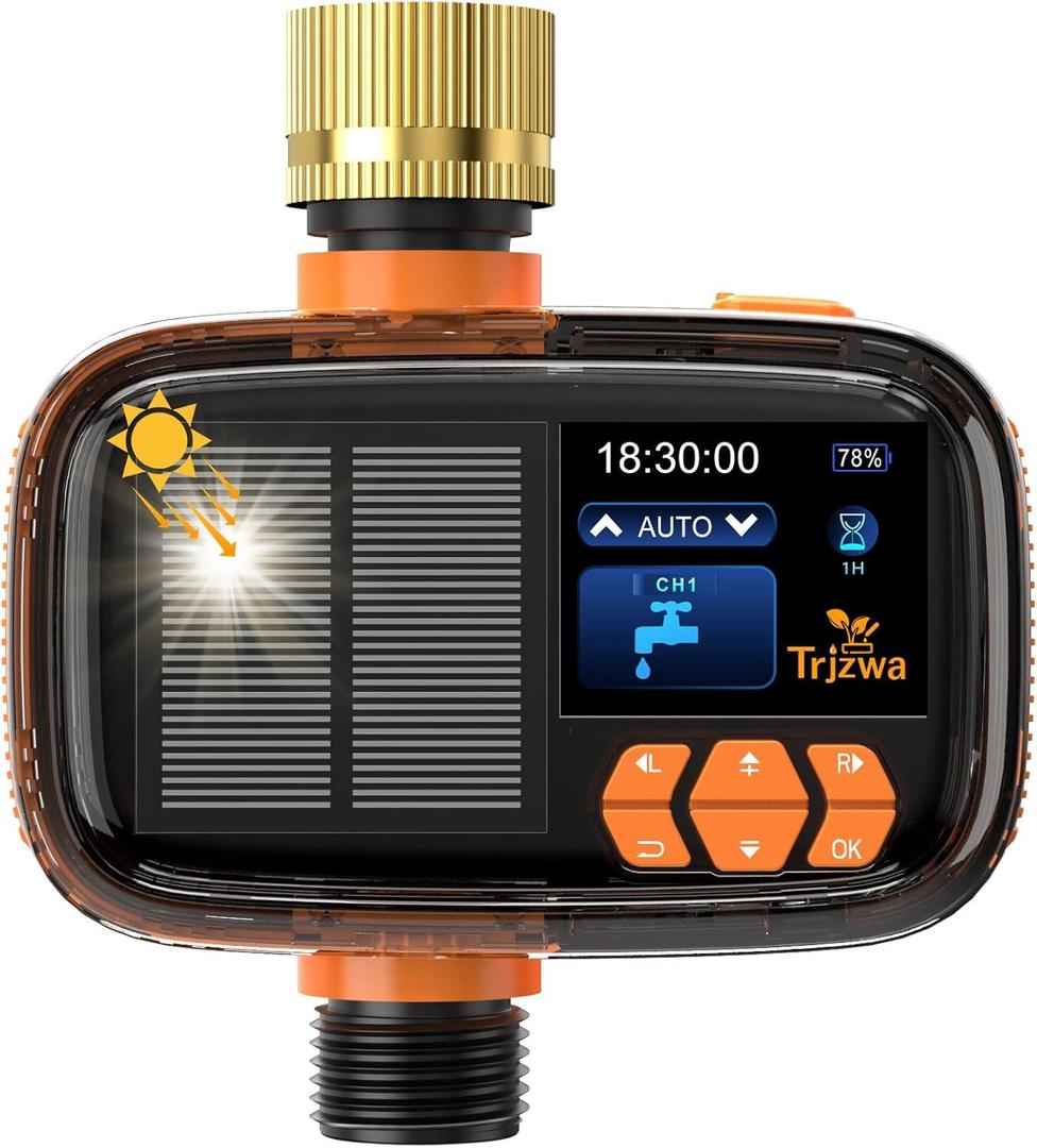 Solar Sprinkler Timer TRJZWA Water Timer, Irrigation System for Garden Hose Solar&USB-C Charging Smart Water System with Rain Delay/Manual/Automatic Watering Mode Build in 2000mAh for Lawn/Yard/Garden