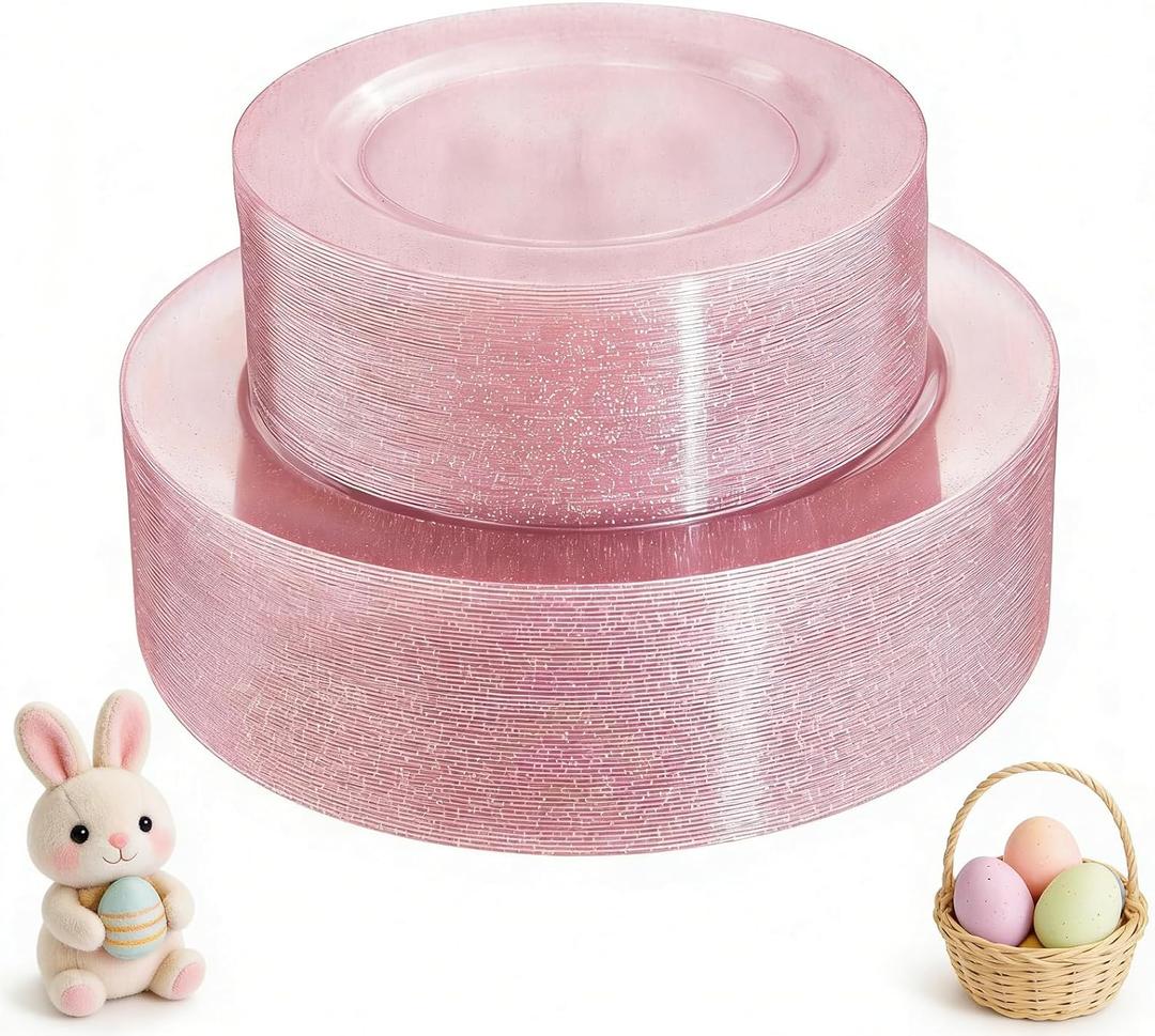 WDF 120pcs Pink Plastic Plates Disposable - Clear Pink Glitter Plates including 60PCS Dinner Plates 10.25inch and 60PCS Salad Plates 7.5inch for Wedding Baby Shower Spring Birthday (Rose Gold Glitter)