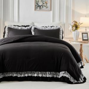 Joyreap Queen Size Comforter Set Black, 3pcs Lace Ruffled Bedding Comforter Set, Microfiber Vintage Boho Chic Bedding Set for All Season- 88x88 inches