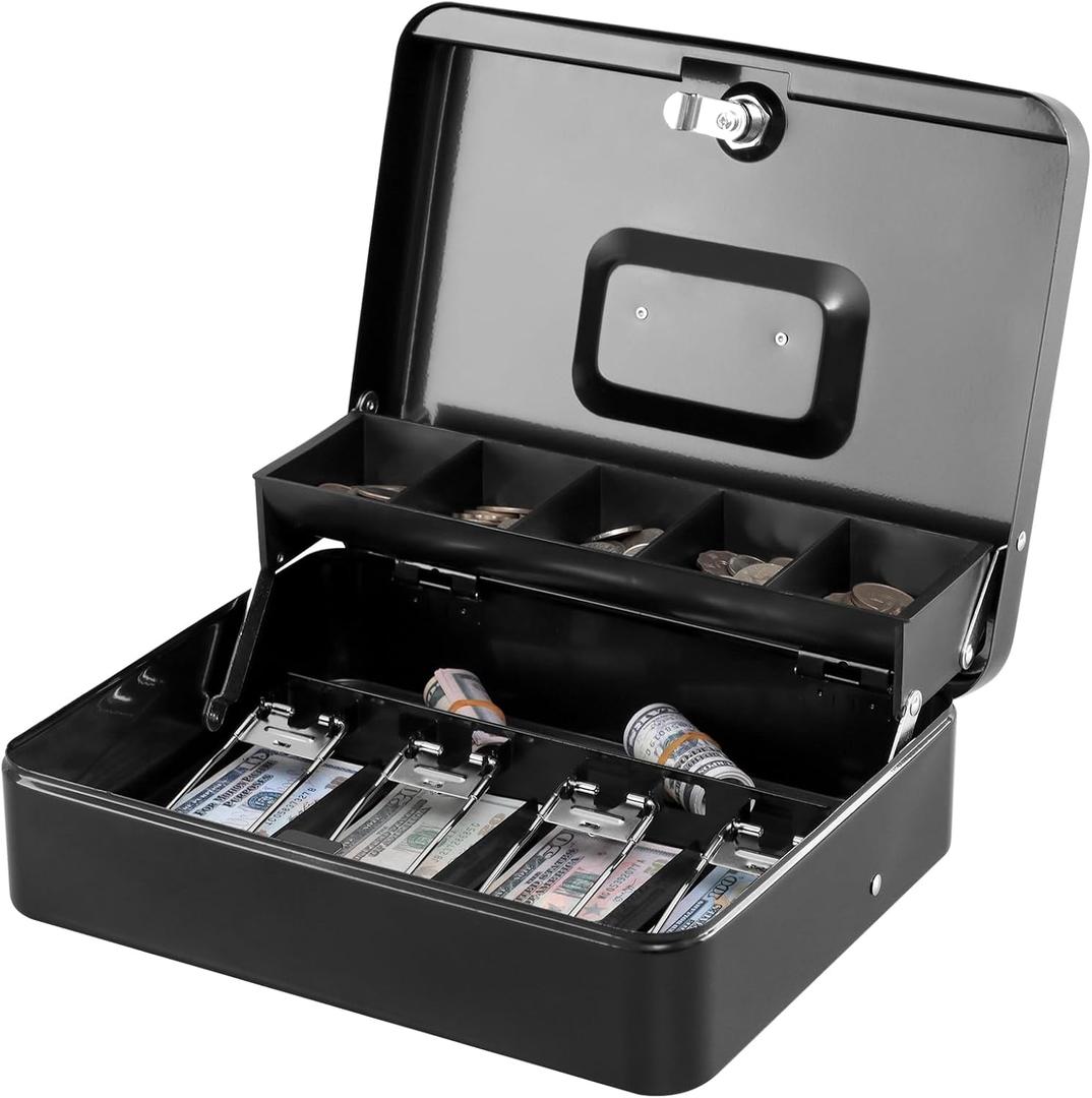 KYODOLED Locking Cash Box with Top Lock,Money Box with Cash Tray,4 Bill/5 Coin Slots,Lock Safe Box with Key,Money Saving Organizer,11.81Lx 9.45Wx 3.54H Inches,Black XL Large