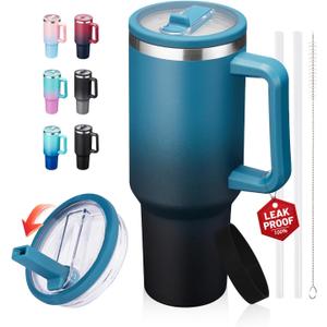 40oz Tumbler with Handle and Flip Straw, Travel Water Cup with Leakproof Lid for Keep Cold 34hrs & Hot 10Hras, Reusable Stainless Steel Water Bottle Fits in Cup Holder (Indigo Black)