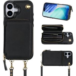 Bocasal Crossbody Wallet Case for iPhone 17, RFID Blocking Leather Purse Case with Card Holder, Protective Handbag Flip Cover with Zipper Wrist Strap Lanyard for Women 5G 6.3 Inch (Black)