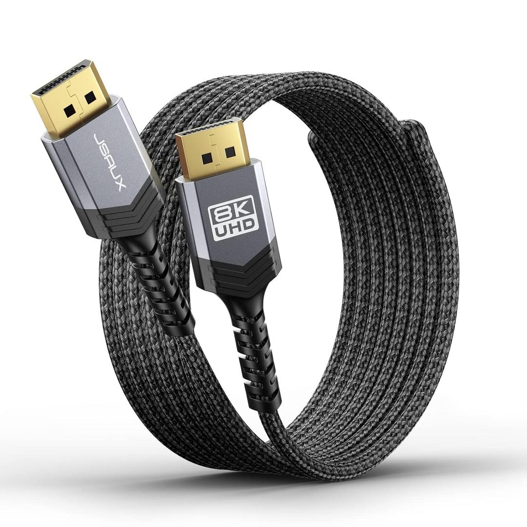 JSAUX DisplayPort Cable 1.4 10ft, 8K DP Cable | 8K@60Hz, 4K@144Hz, 2K@240Hz 2K@165Hz | HBR3, 32.4Gbps, HDR10, FreeSync, G-Sync for Gaming Monitor Graphics Card TV PC Laptop -Grey