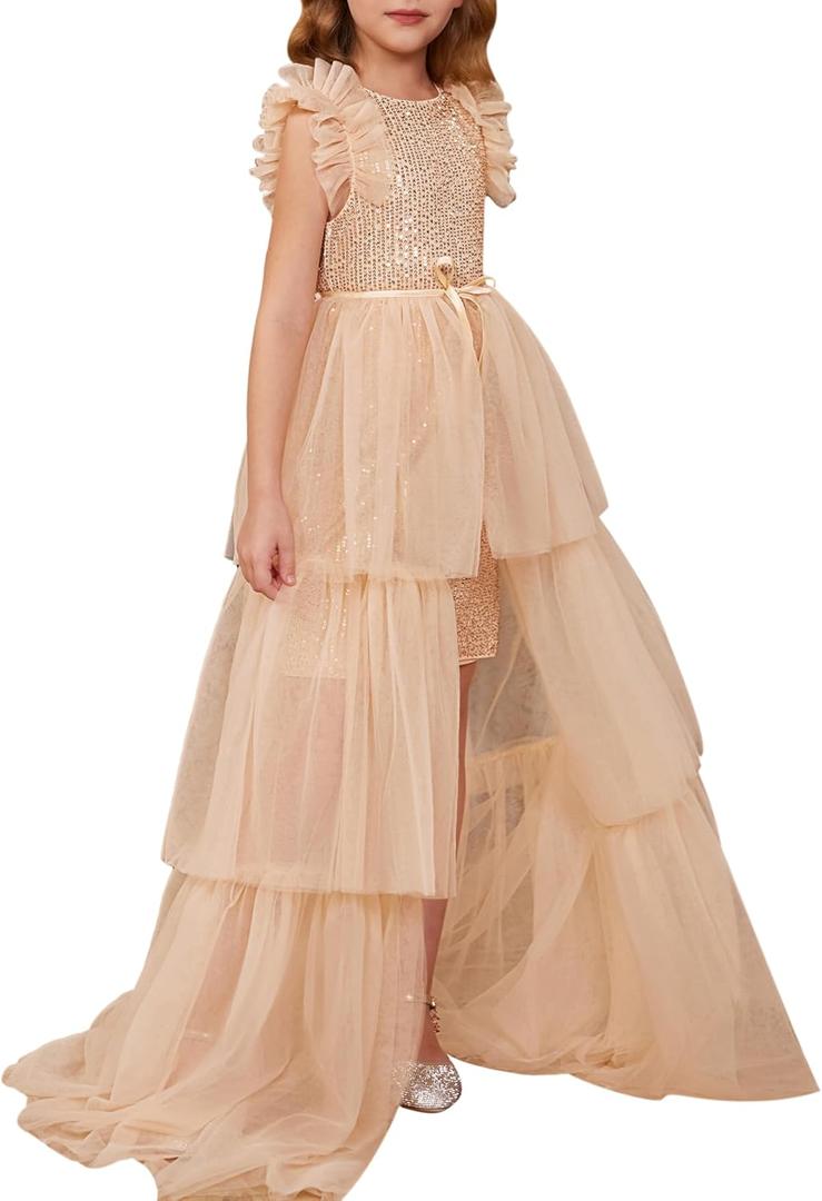 GRACE KARIN Girls Dresses Sequin Party Formal Pageant Dress Tween Girl Birthday Tulle Prom Princess Maxi Dress Size 12-14 Years, Rose Gold
