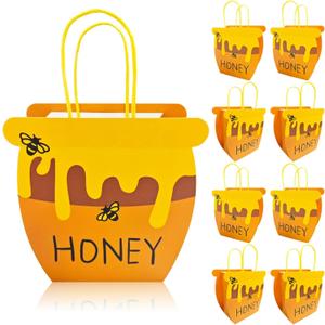 Bacideler Bee Themed Party Favor Bags Honey Bee Pot Gift Bags with Handles Honey Jars Goodie Treat Bags for Bee Day Baby Shower First Birthday Wedding Party Gifts Bag Pack of 8