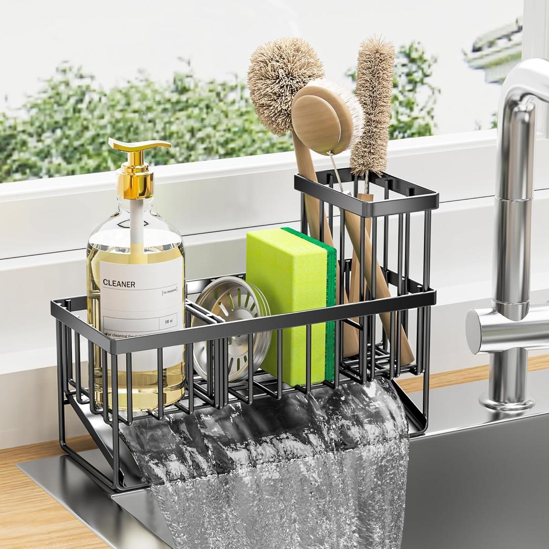 Cisily Sink Caddy Sponge Holder for Kitchen, 304 Stainless Steel Rustproof, Kitchen Sink Caddy with High Brush Holder, Dish Sponge Organizer with Divider(Black) (9.25)