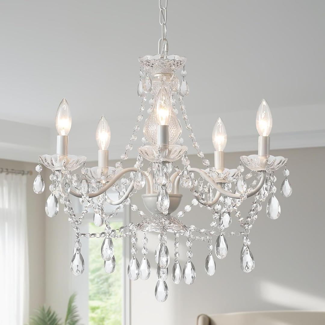 AMZASA Crystal White Chandelier, Ceramic White Hanging Pendant Light,Crystals Pendant and Glass Dish,5 Light Crystal Chandeliers for Ceiling Medallions,Wedding,Dining,Kitchen, Foyer,Mini