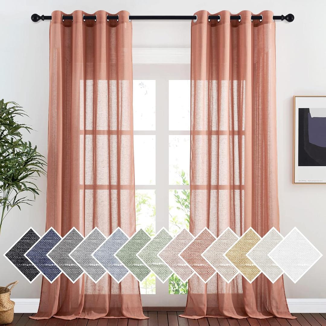 NICETOWN Linen Textured Semi Sheer Curtains for Large Windows, Ring Top Privacy with Light Filtering Flax Sheer Drapes for Bedroom/Living Room, Terracotta/Burnt Orange, W52 x L108, Set of 2