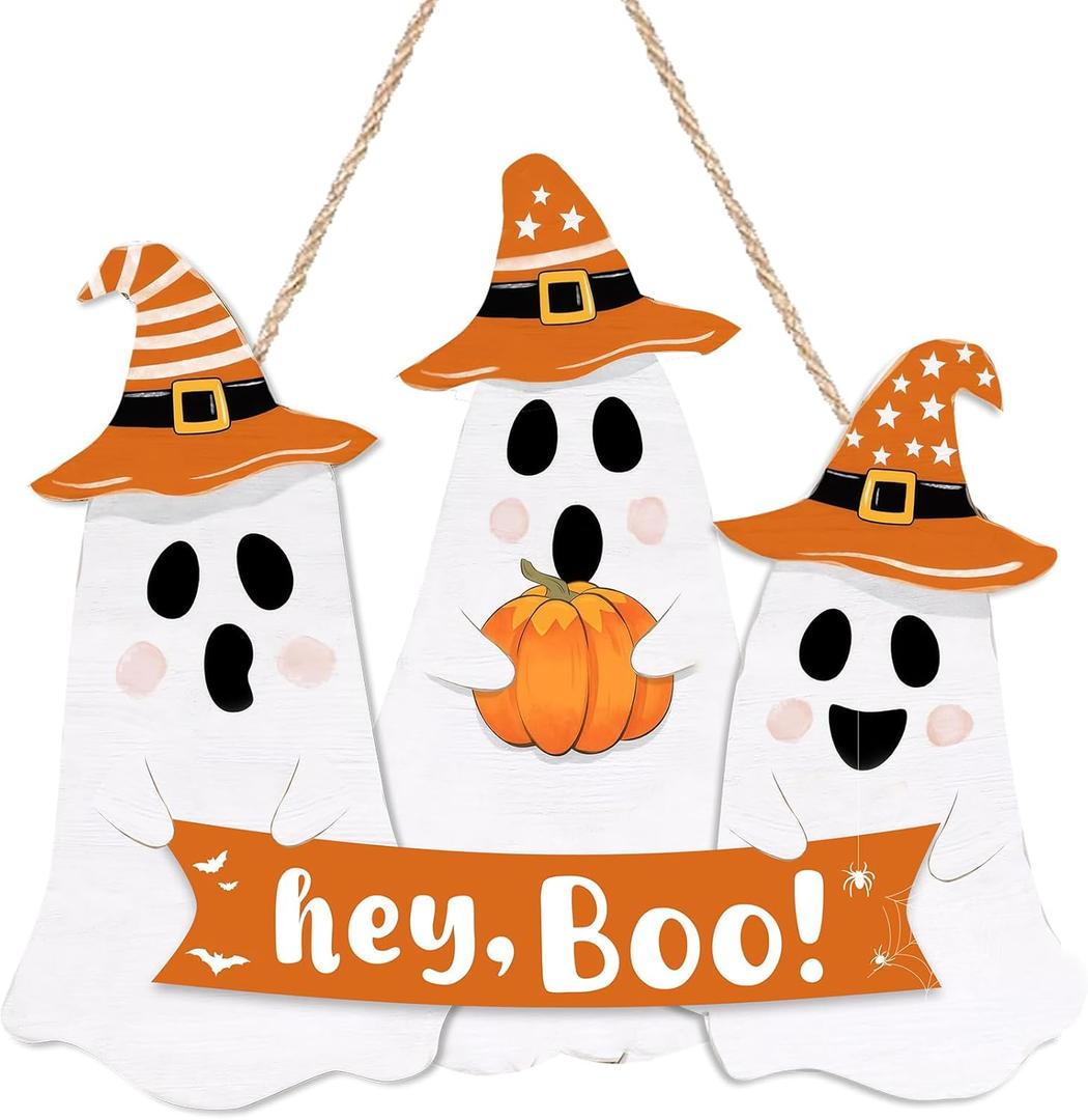 Halloween Decorations Ghost Door Sign, Cute Ghost Hey Boo Hanging Sign Wooden Welcome Wreath Front Door Hanger for Wall Indoor Home Decor, White 