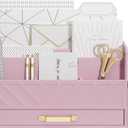 WISUCART Bamboo Desk Organizer Mail Holder Countertop Wood Desk Drawer Tabletop Storage Box Pen Holder Letter Sorter Makeup Organizer for School Home Office Supplies with Pen Holder Pink