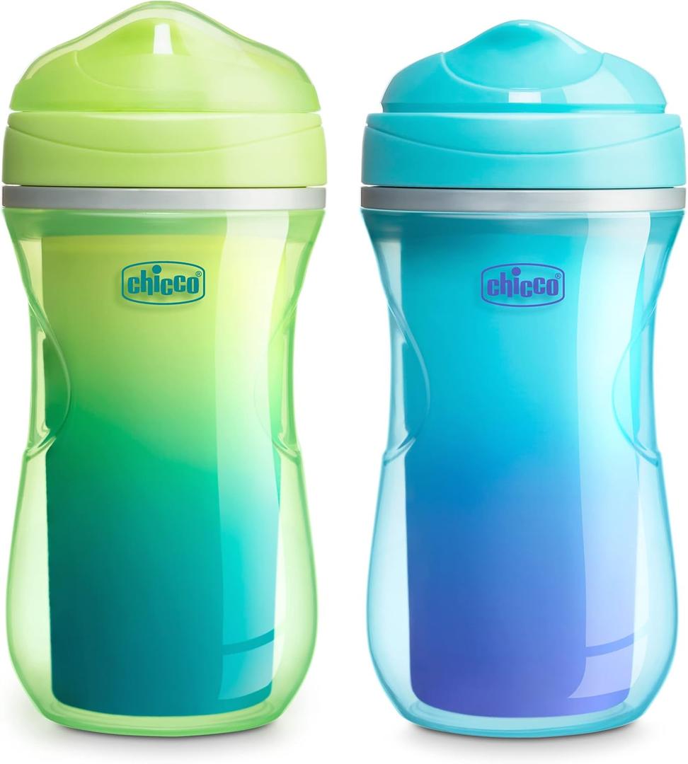 Chicco Double-Wall Insulated Sippy Cup with Bite-Proof Rim Spout and Spill-Free Lid 9oz. | Top-Rack Dishwasher Safe | Easy to Hold Ergonomic Indents | Green/Teal Ombre, 2pk | 12+ months
