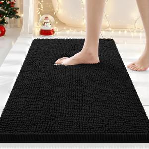 Smiry Luxury Chenille Bathroom Rugs 30x20, Extra Soft and Absorbent Shaggy Bath Mat, Machine Washable, Non-Slip Plush Carpet Runner for Tub, Shower, and Floor, Home Decor Accessories, Black