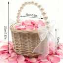 Wedding Flower Girl Basket with Bow, Pearl Handle Flower Basket, Cute Handwoven Wicker Rattan Basket and Home Decor