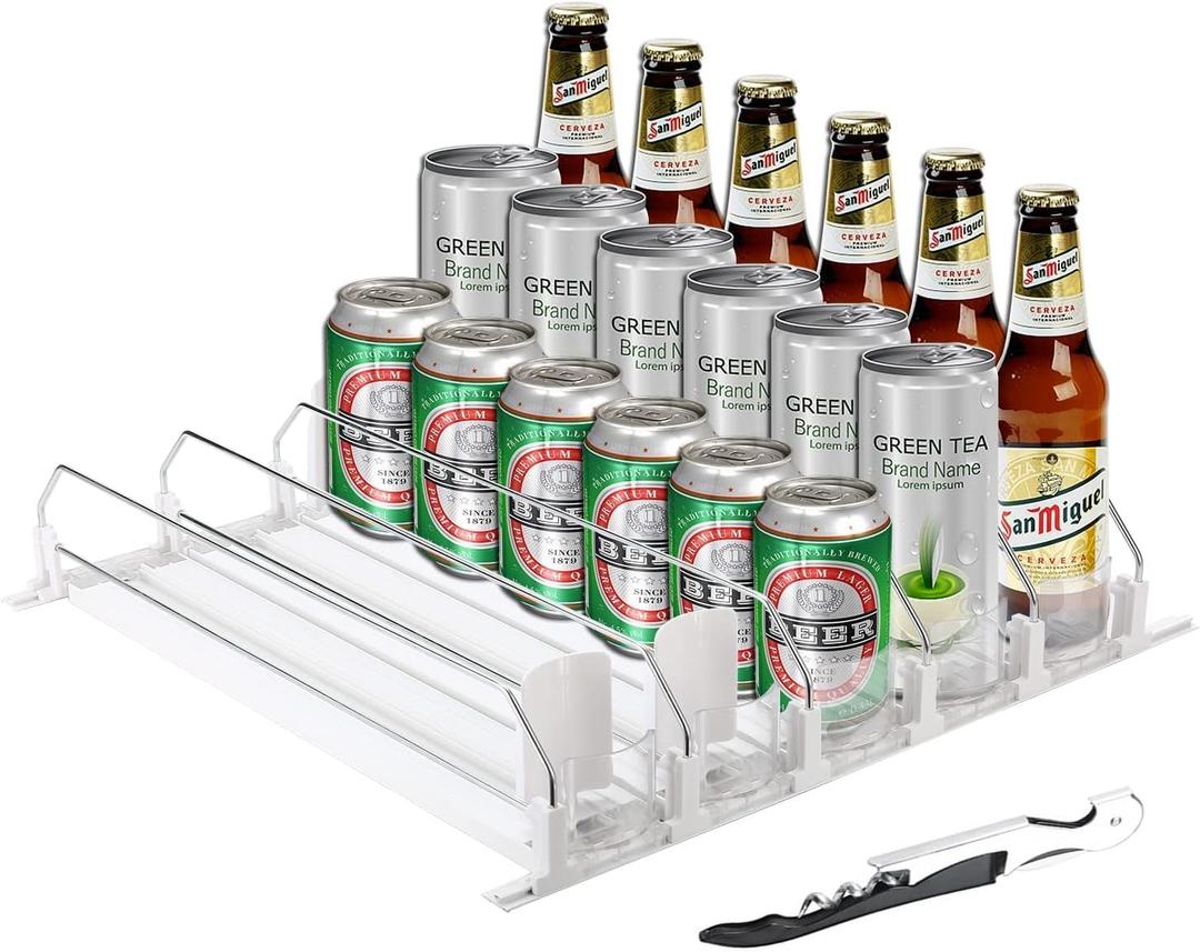 Drink Organizer for Fridge,Soda Can Drink Organizer for Refrigerator,Beer Pop Can Water Bottle Storage for Pantry,Width Adjustable Beverage Pusher Glide (White, 16.4"D - 5 Rows)