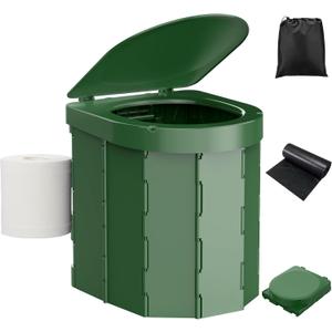 Portable Camping Toilet, Folding Toilet for Adults with Lid and Retractable Toilet Paper Holder, Waterproof Porta Potty with Carry Bag and Disposible Liners for Hiking, RV Travel, Road Trips, Green