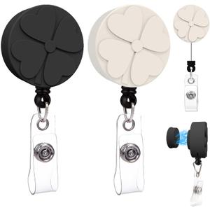 2 Pack Magnetic Badge Holder with Strong Magnet Back - Four-Leaf Clover Retractable Badge Reel, ID Card Clip for Nurses, Teachers, Office Professionals (2, Black&Beige)