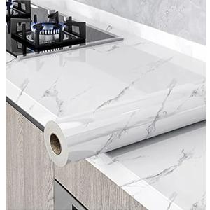 Glossy Marble Paper Granite Gray/White Wallpaper Peel and Stick Wallpaper Self Adhesive Removable Wallpapers 23.6″ ×197″ Waterproof Countertop Paper for Cabinet Countertop Furniture Kitchen Viny Film