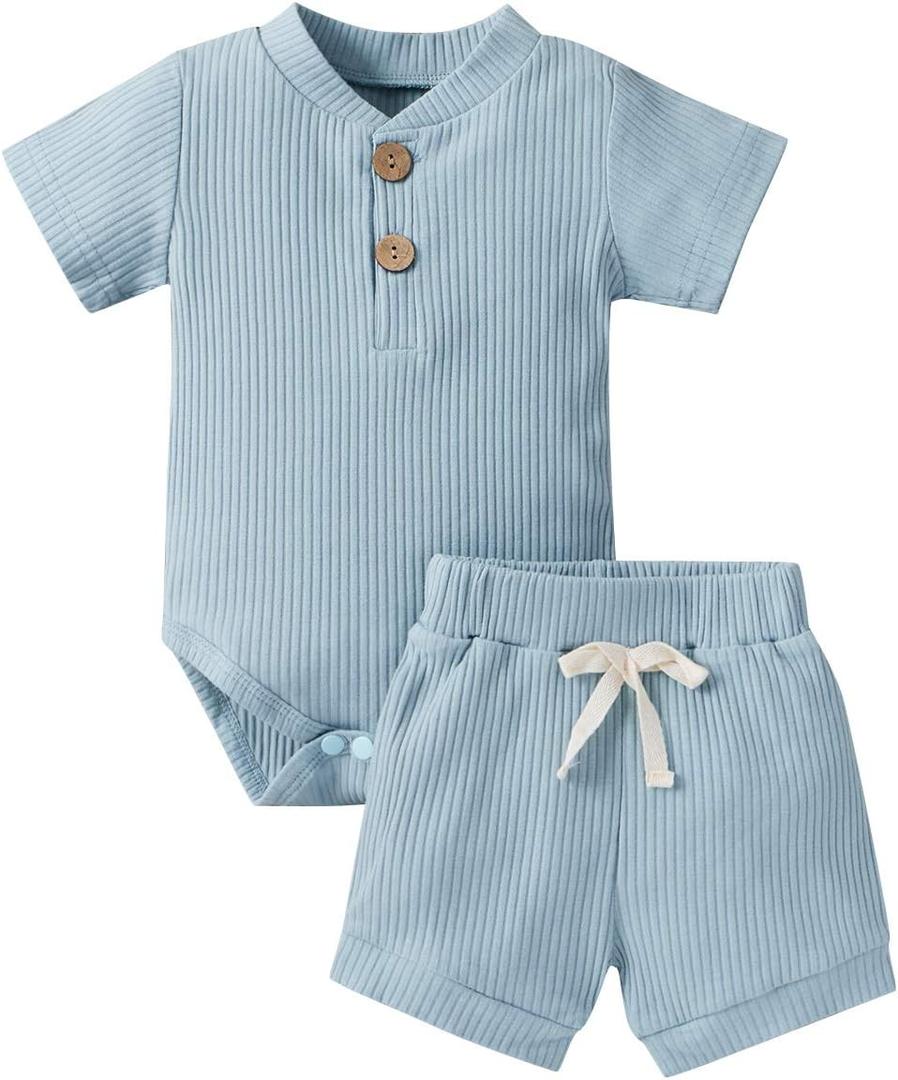 Ledy Champswiin Summer Newborn Baby Boy Girl Clothes Set Ribbed Outfits Unisex Infant Solid Short Sleeve Tops Shorts 2PCS (12-18 Months)
