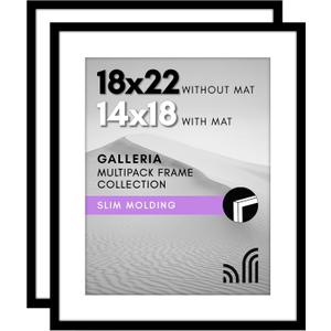 Americanflat 18x22 Picture Frame with Polished Plexiglass - Set of 2 - Use as 14x18 Frame with Mat or Display 18x22 Photo Without Mat - Galleria Collection - Picture Frames for Wall Display - Black