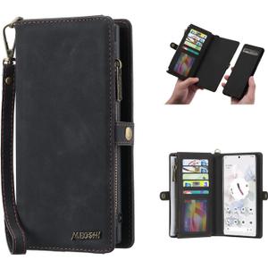 Simicoo Pixel 8 Wallet case, Pixel 8 Flip Leather case Card Slots Holder Zipper Purse Detachable Magnetic Cover Hand Strap Cash Pocket Pouch Wallet for Woman Man (Black)