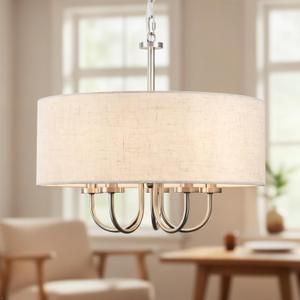 19" Brushed Nickel Drum Shade Chandelier, 5-Light Modern Round Chandelier with White Linen Fabric Shade, Adjustable Hanging Pendant Light for Dining Room, Living Room, Kitchen Island, Bedroom, Foyer