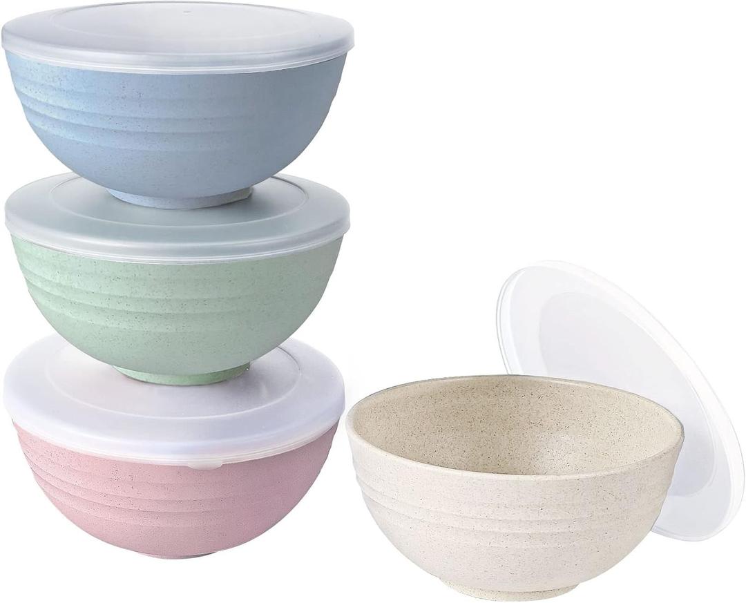 shopwithgreen Wheat Straw Cereal Bowls with Dust-Proof Lid, Resuable Bowls for Kitchen, Set of 4, Microwave and Dishwasher Safe, for Soup, Oatmeal, Ramen, RV, Camping, Kids, College Dorm Room, 26 OZ