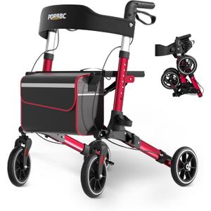Rollator Walkers for Seniors with Seat, Rollator Walker with Seat and Brakes, Equipped All Terrain 8''PVC Rolling Wheel & Basket, Lightweight and Foldable Aluminum Alloy Frame, Height Adjustable, Red