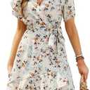 Womens Wrap V Neck Short Sleeve Dress 2025 Summer Floral Boho Dress Ruffle A Line Flowy High Low Midi Dresses Size Small 