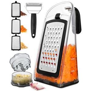 Cheese Grater with Garlic Crusher- Box Grater Vegetable Shredder with 3 Stainless Steel Blades - Graters for Kitchen- Cheese Graters with Handle - Garlic Mincer Tool and Vegetable Peeler