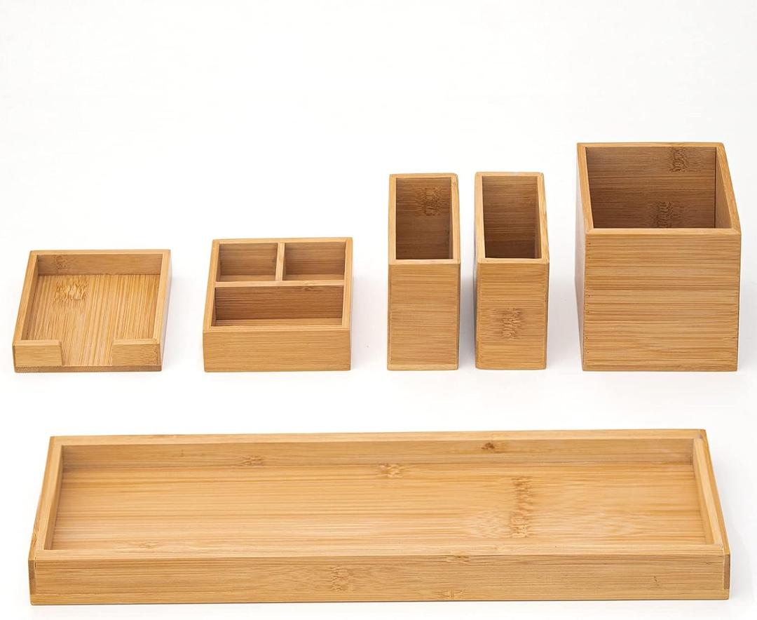 ROCDEER Bamboo Vanity Tray, 6-Piece Bathroom Countertop Vanity Tray Set, Makeup Kitchen Desk Organizer and Storage - Holds Small Items