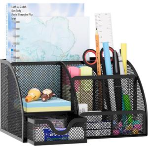 EasyPAG Mesh Desk Organizer, Multi-functional Stationery Organizer for School Supplies, Office Pen Holder for Desk, 6 Compartments Dorm Organization with Drawer, Black