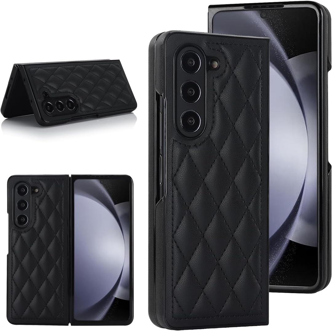for Samsung Galaxy Z Fold 6 Mobile Phone Case Soft Diamond Grain Leather and Hard PC Shell Folding Mobile Phone Case Anti-Fall Durable Simple Atmosphere Slim and Stylish Black