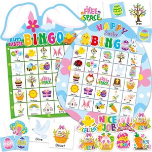 Lonfliness 39Pcs Easter Bingo Game for Adults Kids 24 Players Easter Bunny Egg Shape Bingo Game Cards with Reward Stickers for Family Friends Large Group Activities Happy Easter Spring Party Favors