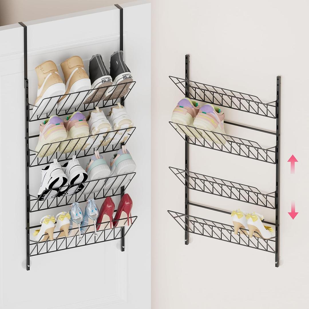 SWTYMIKI Over the Door Shoe Organizer - Adjustable 4 Tier Hanging Shoe Rack Organizer, Metal Heavy Duty Behind Door Storage or Wall Mount Shoes Shelf for Flats, Heels, Sneakers, Boots Black