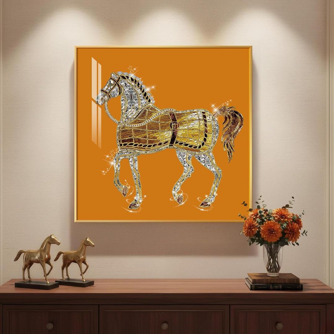 Large Framed Modern Gold and Orange Horse Wall Art, Contemporary Luxury Bright Picture Prints Paintings, Gold Framed Artwork for Hallway Living Room Bedroom and Dining Room Wall Decor, 30x30 Inch