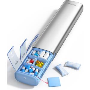 Vaydeer 7 Day Weekly Pill Organizer (Support 2 Times a Day), Metal Travel Pill Case, Large Capacity Daily Cute Pill Box for Supplements, Pills, Vitamins and Medication (Sliver)