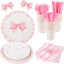 210PCS Pink Bow Birthday Party Supplies,Conquette Birthday Party Plates Napkins Cups Forks Spoons Knives Tableware Sets for Girl Bachelorette Bridal Engagement Decoration,Serves 30